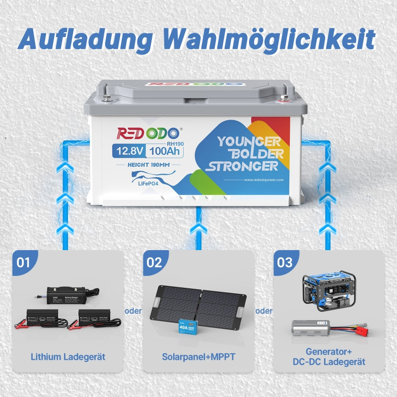 【New Pre-Order】Befreiung von 19% MwSt - Redodo LiFePO4 12,8V 100Ah RH190 Lithium Batterie| 1.28kWh & 1.28kW [Versand innerhalb von fünf Werktagen.] redodopower-de