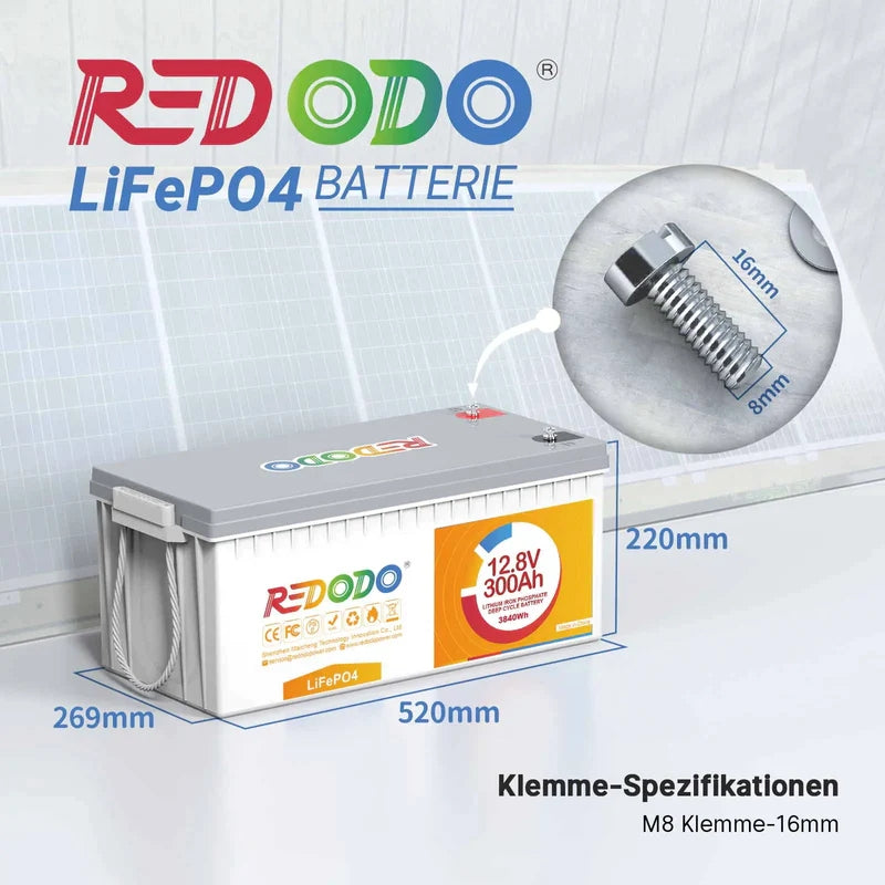 Redodo LiFePO4 12V 300Ah batería de iones de litio de ciclo profundo |  3,84kWh y 2,56kW