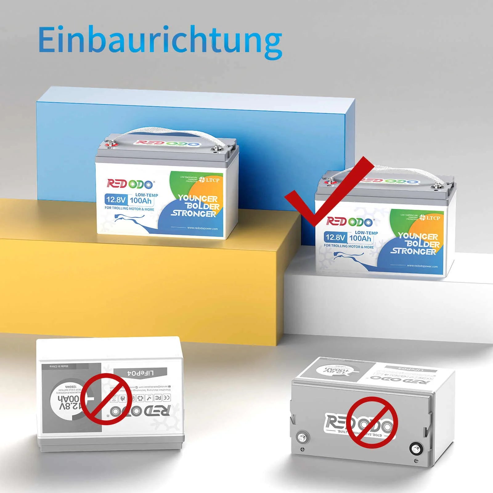 Redodo 12V 100AH Low Temp LiFePO4 Batterie Einbaurichtung