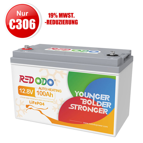 【Nur €368,60】Redodo 12V 100Ah LiFePO4 Batterie mit Selbsterwärmung redodopower-de