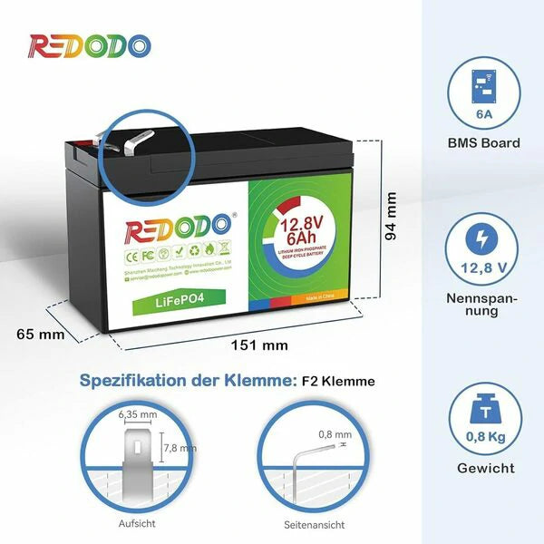 Befreiung von 19% MwSt - Redodo 12V 6Ah LiFePO4 Batterie redodopower-de-free