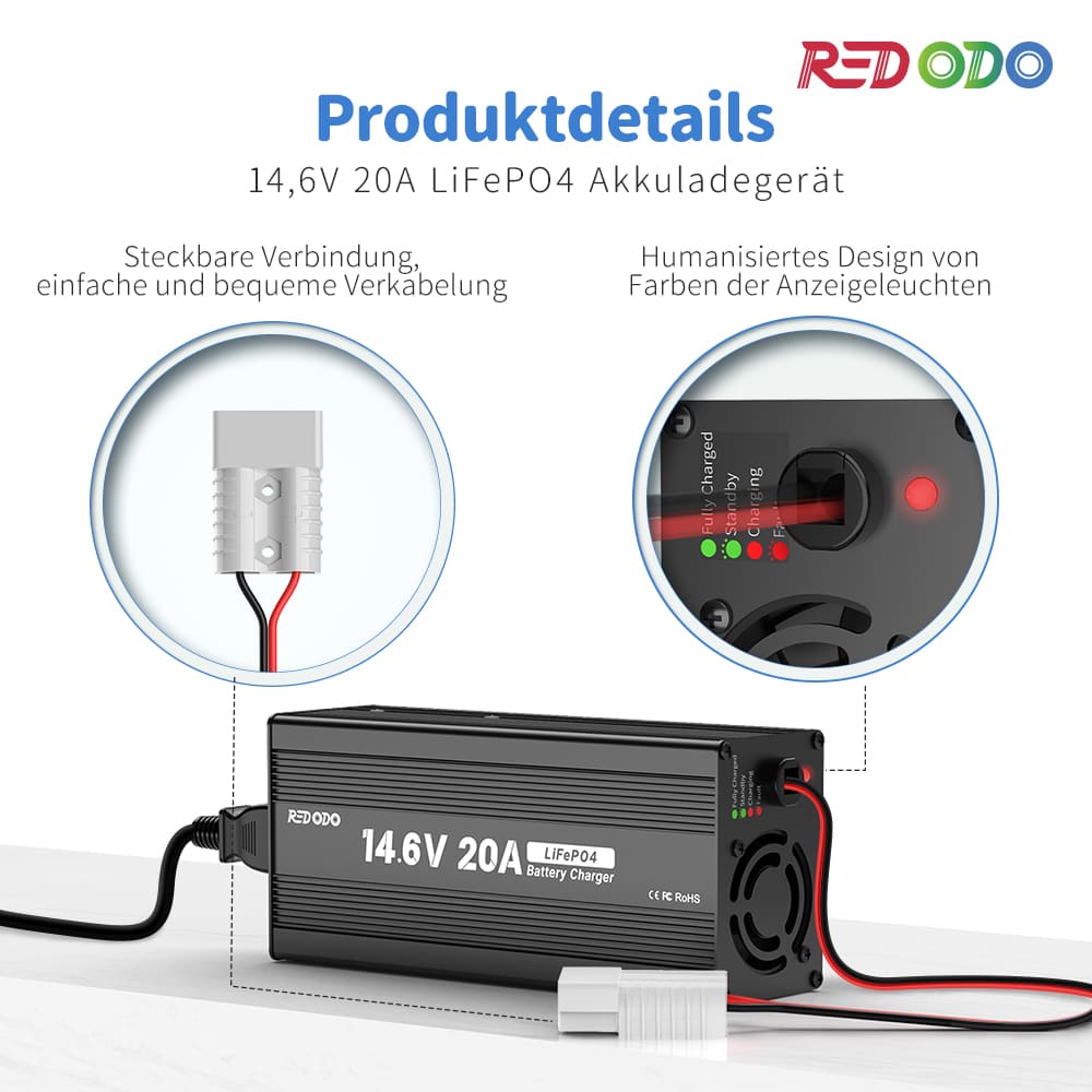 Redodo 14,6V 20A Lifepo4 Batterieladegerät für Lithium-Eisenphosphat-Batterie redodopower-de