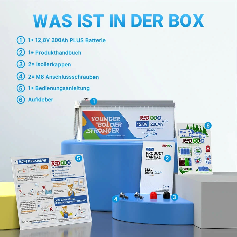 Verpackungsinhalt der Redodo 12V 200Ah Plus LiFePO4 Batterie