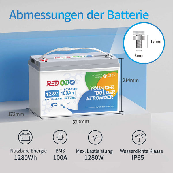 【Nur €224】Befreiung von 19% MwSt -Redodo 12,8V 100AH Low Temp LiFePO4 Deep Cycle Batterie- nur für Wohngebäude und Deutschland [Versand innerhalb von fünf Werktagen.] redodopower-de