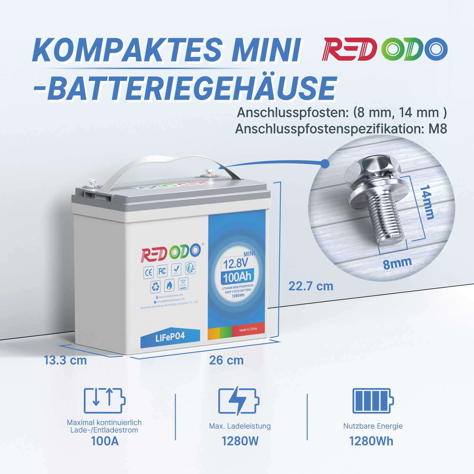 Befreiung von 19% MwSt - Redodo 12V 100Ah Mini LiFePO4 Batterie - Nur für deutsche und österreichische Wohngebäude gelten redodopower-de