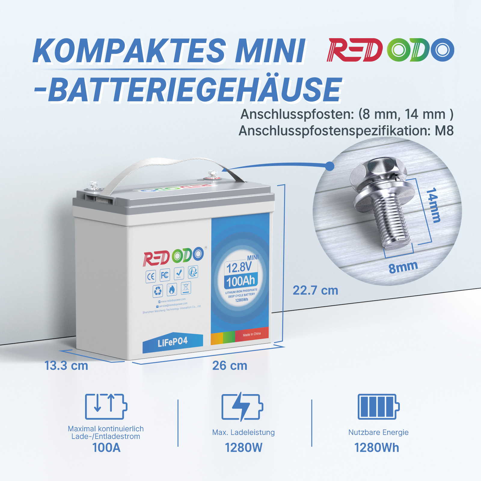 Redodo LiFePO4 12V 100Ah Mini Deep Cycle LiFePO4 Batterie | 1,28kWh & 1,28kW redodopower-de