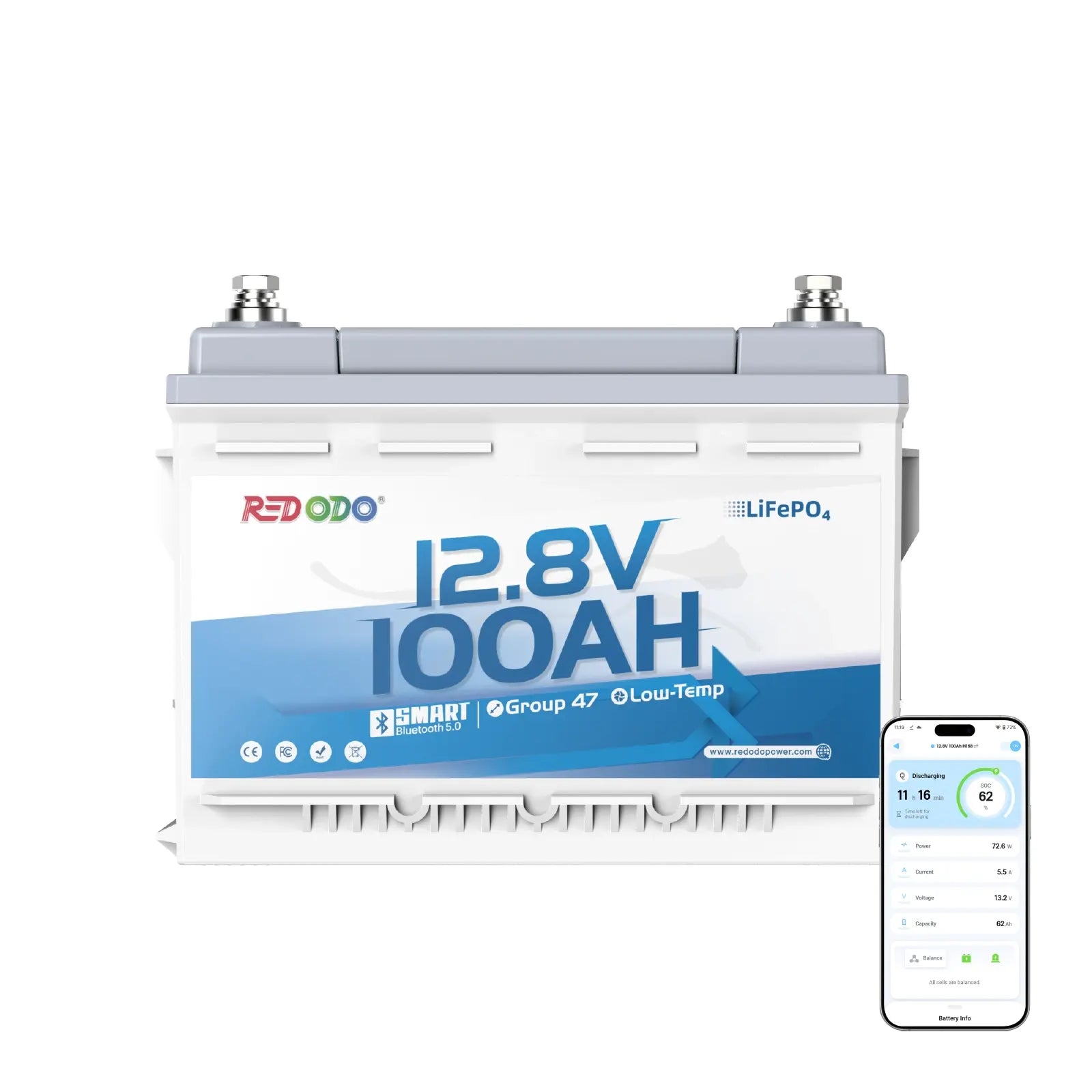 Redodo 12V 100Ah H168 LiFePO4 Batterie mit Bluetooth