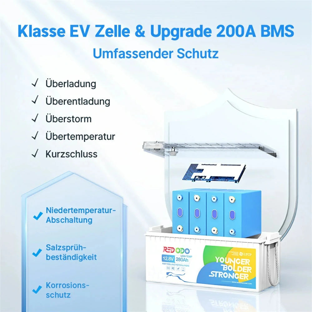 Redodo 12V 280Ah LiFePO4 Batterie mit Klasse EV Zelle und upgrade 200A BMS