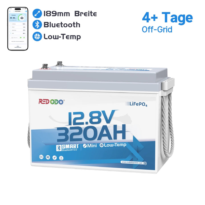 Redodo 4096Wh 12V 320Ah B190 Untersitz LiFePO4 Batterie mit Bluetooth fuer Wohnmobil