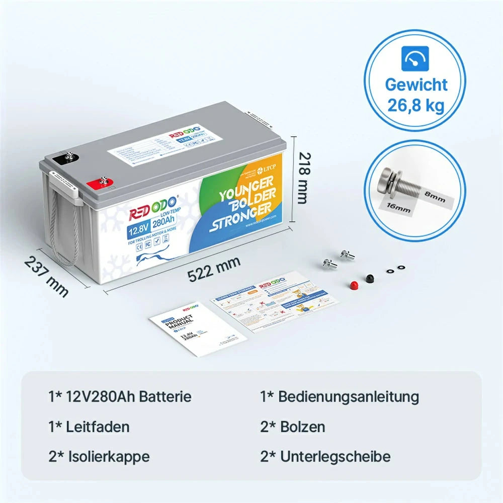 Verpackungsinhalt der Redodo 12V 280Ah LiFePO4 Batterie