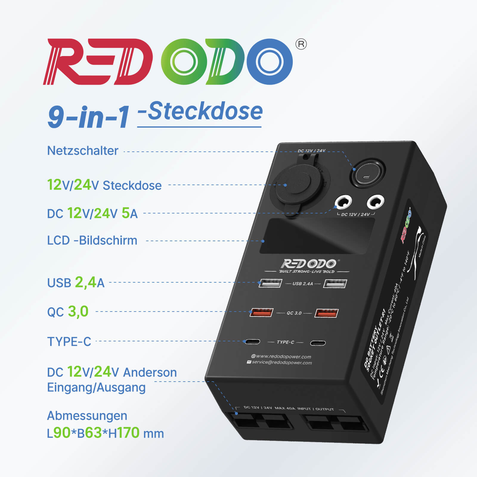 Redodo 9-In-1 12V24V DC Batterie-Steckdose mit QC 3,0 Schnellladeanschlüssen