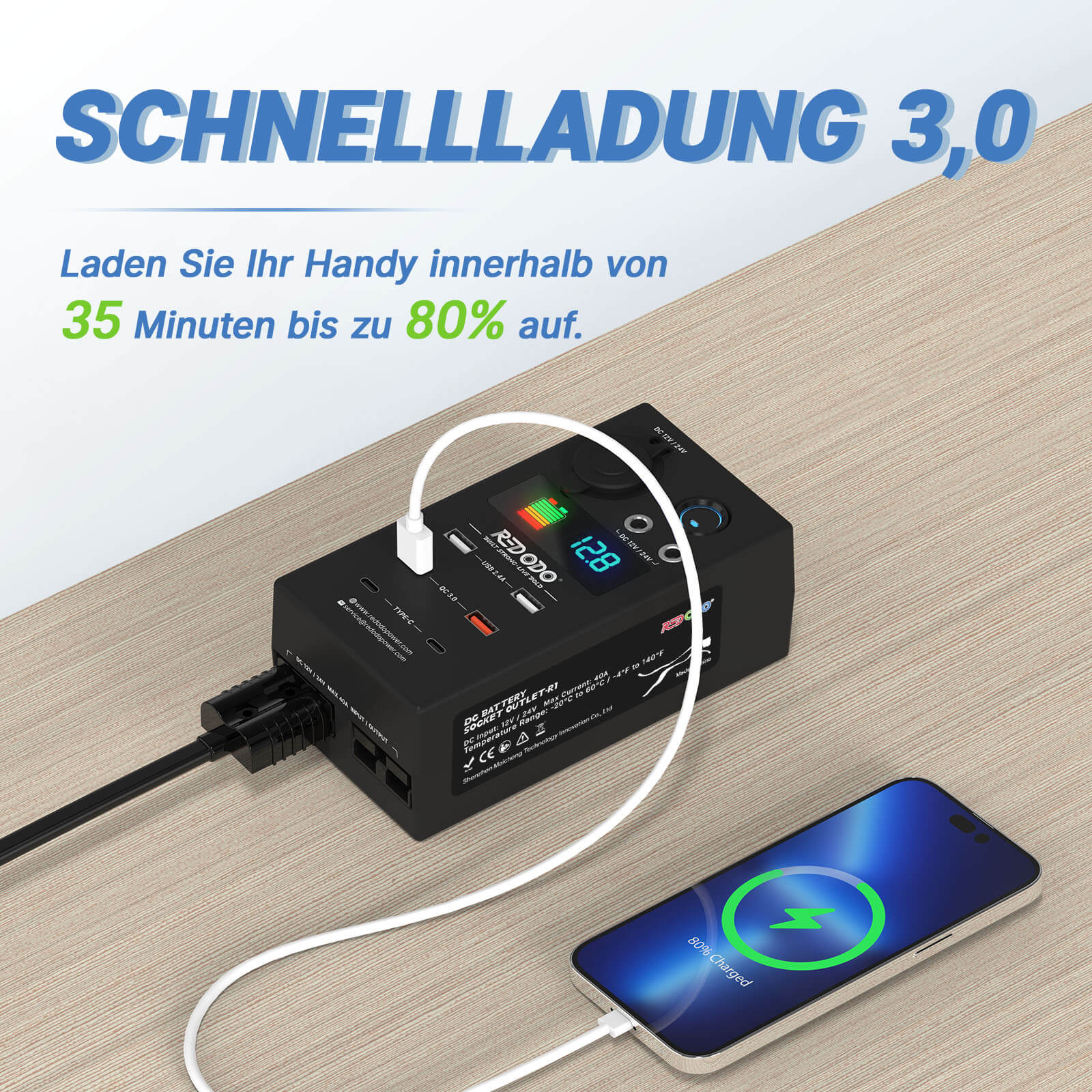 Redodo 9-In-1 12V24V DC Batterie-Steckdose mit QC 3,0 Schnellladeanschlüssen