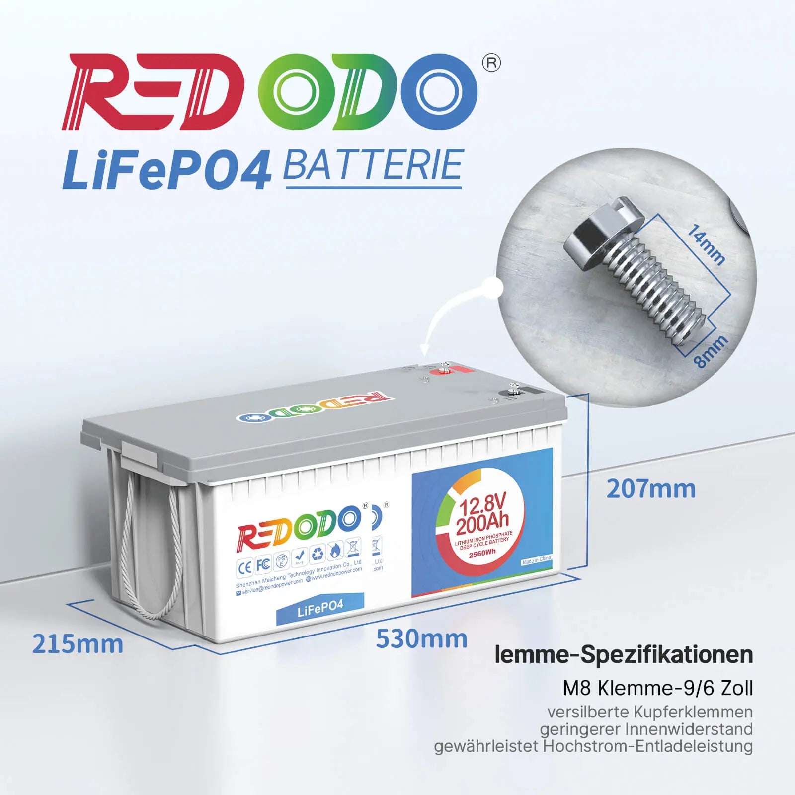 Redodo LiFePO4 12V 200Ah Wiederaufladbare Lithium Batterie | 2,56kWh & 1,28kW