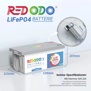Redodo LiFePO4 12V 200Ah Wiederaufladbare Lithium Batterie | 2,56kWh & 1,28kW